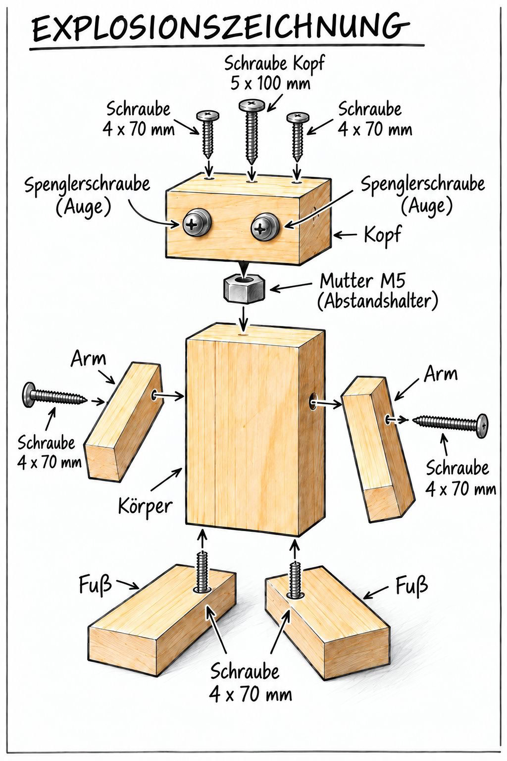 Explosionszeichnung des Holzbots mit Kopf, Körper, Armen, Füßen und Schrauben