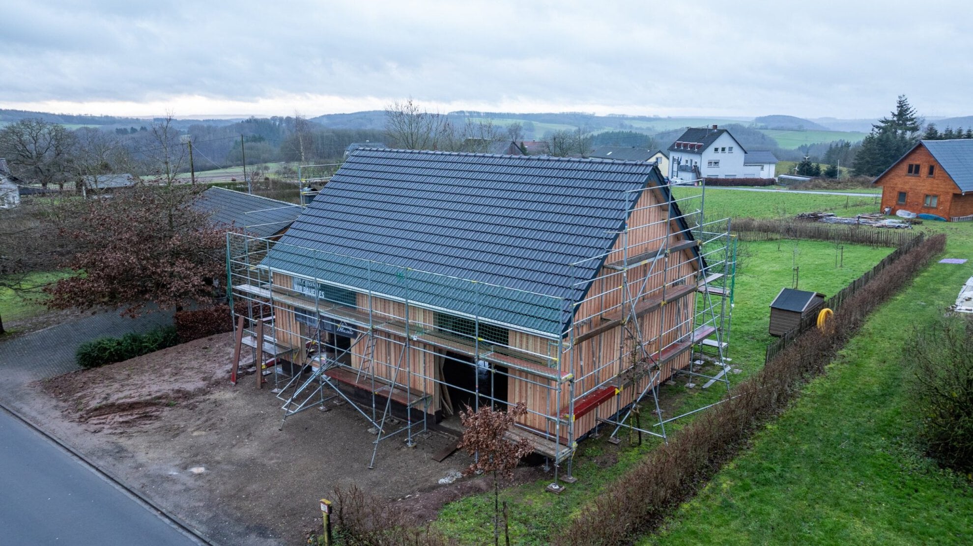 Rohbau in Holzrahmenbauweise in Altscheid aus der Luft
